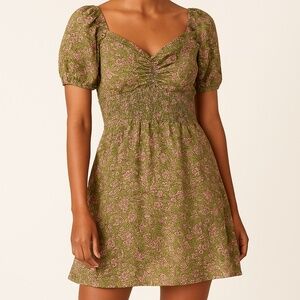 Japna Womens Olive/Pink Floral Print Puff Sleeve Dress - Size XL